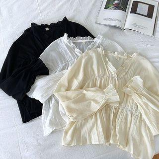 Plain V-neck Frilled Ruffled-trim Flare-sleeve Blouse