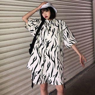 Set: Elbow-sleeve All-over Print Shirt + Shorts Set - White - One Size