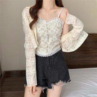 Floral Frill Trim Camisole Top / Cropped Cardigan