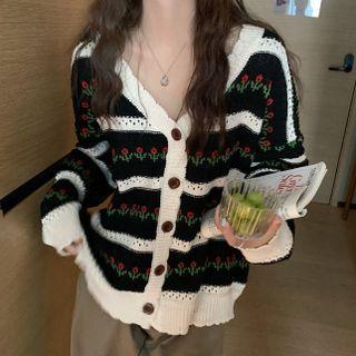 Floral Print Cardigan Black & White - One Size