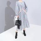Lantern-sleeve Midi Floral A-line Dress