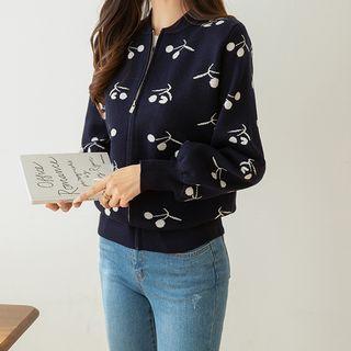 Cherry-patterned Knit Zip-up Jacket