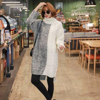 Mock-turtleneck Color-block Knitted Long Sheath Dress