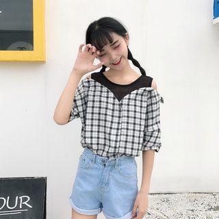 Short-sleeve Check Panel Top