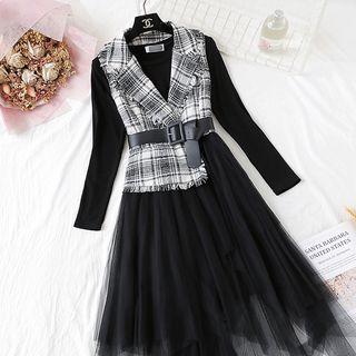 Set: Long-sleeve T-shirt Dress + Plaid Mesh Panel Sleeveless Midi A-line Dress