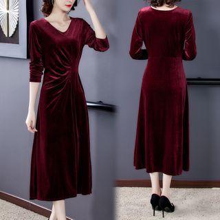 Long-sleeve Twist-front Midi A-line Velvet Dress