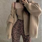 Plain Cardigan / Knit Tube Top / Leopard Print Harem Pants