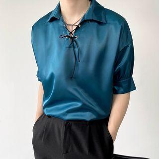 Elbow Sleeve Lace-up Satin Shirt