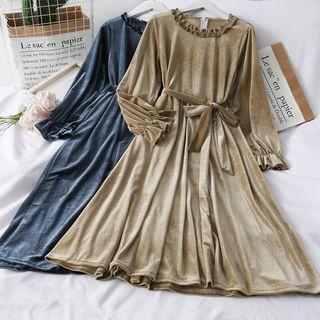 Ruffled-trim Velvet A-line Dress With Sash