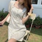 Floral Square-neck Single-breasted Puff-sleeve Dress As Shown In Figure - One Size