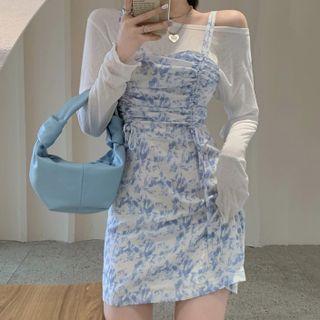 Set: Spaghetti Strap Floral Print Mini Dress + Long-sleeve Plain Top