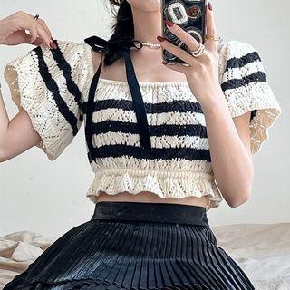 Short-sleeve Square-neck Cutout Striped Knit Top