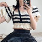 Short-sleeve Square-neck Cutout Striped Knit Top