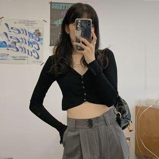 V Neck Plain Long-sleeve Top / Wide Leg Pants