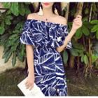 Elbow-sleeve Off Shoulder Printed A-line Maxi Dress