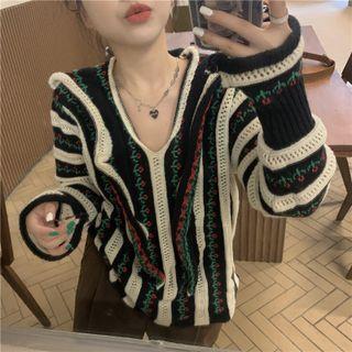Floral Print Pointelle Knit Sweater Black - One Size