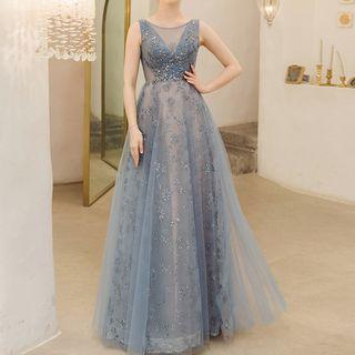 Sequined Open Back Sleeveless A-line Evening Gown