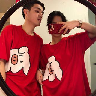 Couple Matching Elbow-sleeve Piggy Print T-shirt