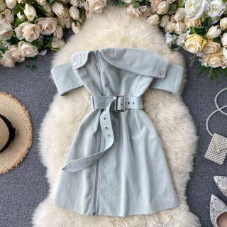 Off-shoulder Zip A-line Dress With Belt