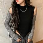 Cold-shoulder Print Panel T-shirt Black - One Size