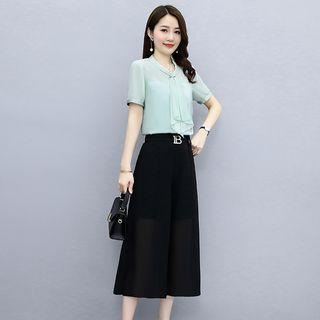 Set: Short-sleeve Tie-neck Blouse + Wide Leg Cropped Pants