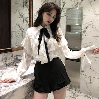 Ruffle-trim Blouse / Mini Skort / Check Buttoned Jacket