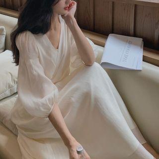 Balloon-sleeve V-neck Maxi A-line Dress