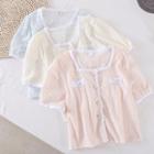 Square-neck Plaid Cutout Short-sleeve Top