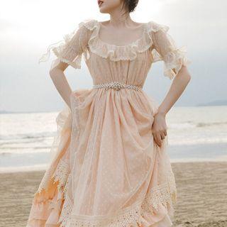 Short-sleeve Ruffled Lace Trim Midi A-line Dress
