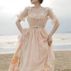 Short-sleeve Ruffled Lace Trim Midi A-line Dress