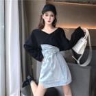 V-neck Long Sleeve T-shirt / Tie-waist Denim Mini Skirt