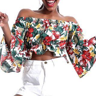 Floral Print Off-shoulder Bell-sleeve Cropped Blouse