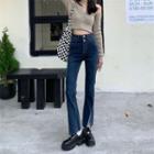 High-waist Slit Fleece-lined Bell-bottom Jeans