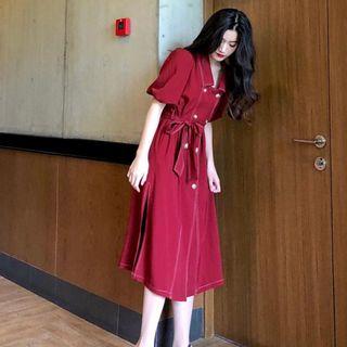 Short-sleeve Stitch Trim Double Breasted A-line Midi Dress