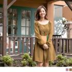 Square Neck Smocked Cuff Buttoned Dress