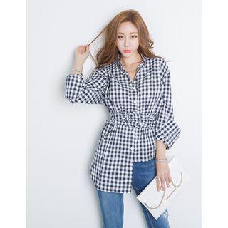 Asymmetric-hem Belted Gingham Shirt