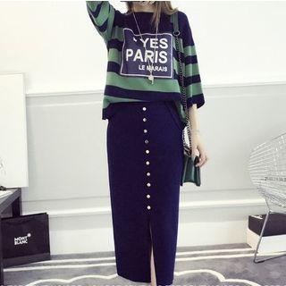 Set: 3/4 Sleeve Lettering Striped Knit Top + Buttoned A-line Skirt