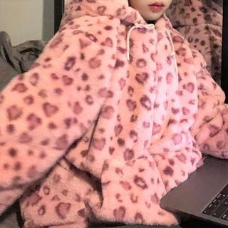 Leopard Print Hooded Fluffy Jacket