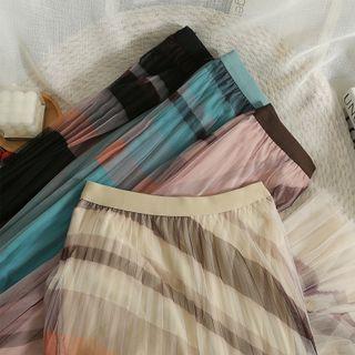 High-waist Color-block Pleated A-line Skirt