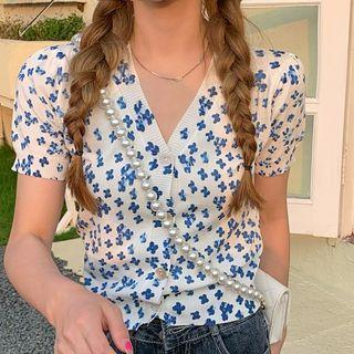 Short-sleeve Button-up Printed T-shirt