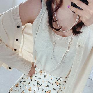 Set: V-neck Cardigan + Spaghetti-strap Knit Top