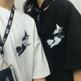 Elbow-sleeve Witch Print T-shirt