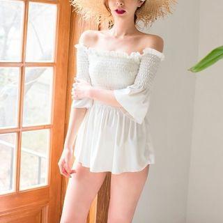 Set: Off-shoulder 3/4-sleeve Smocked Swim Dress + Plain Swim Bottom
