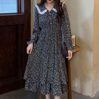Long-sleeve Lace Trim Collar Floral Print Midi A-line Dress