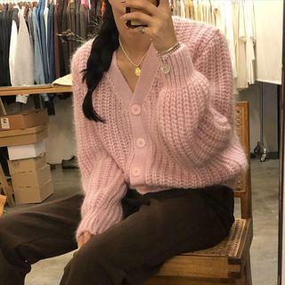 V-neck Plain Cardigan Pink - One Size