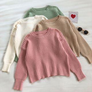 Plain Crewneck Long-sleeve Puff-sleeve Sweater