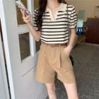 Short-sleeve Striped Polo Knit Top / Wide Leg Shorts