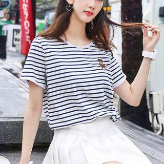 Striped Short-sleeve Bear Embroidered T-shirt
