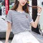 Striped Short-sleeve Bear Embroidered T-shirt