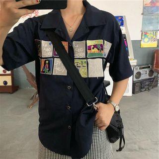 Short-sleeve Printed Shirt Navy Blue - One Size